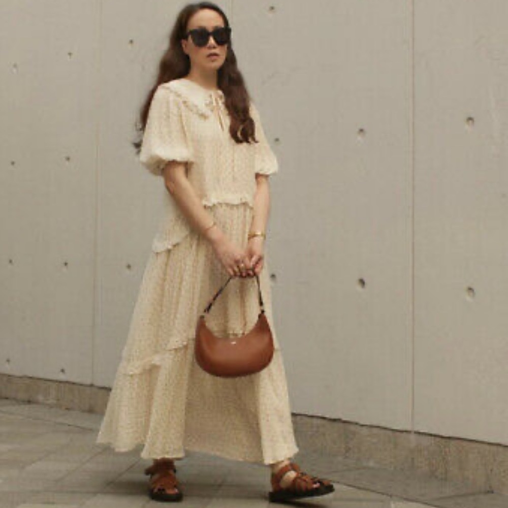 ZARA Floral Printed Muslin Midi Dress Ecru Beige - Picture 14 of 16